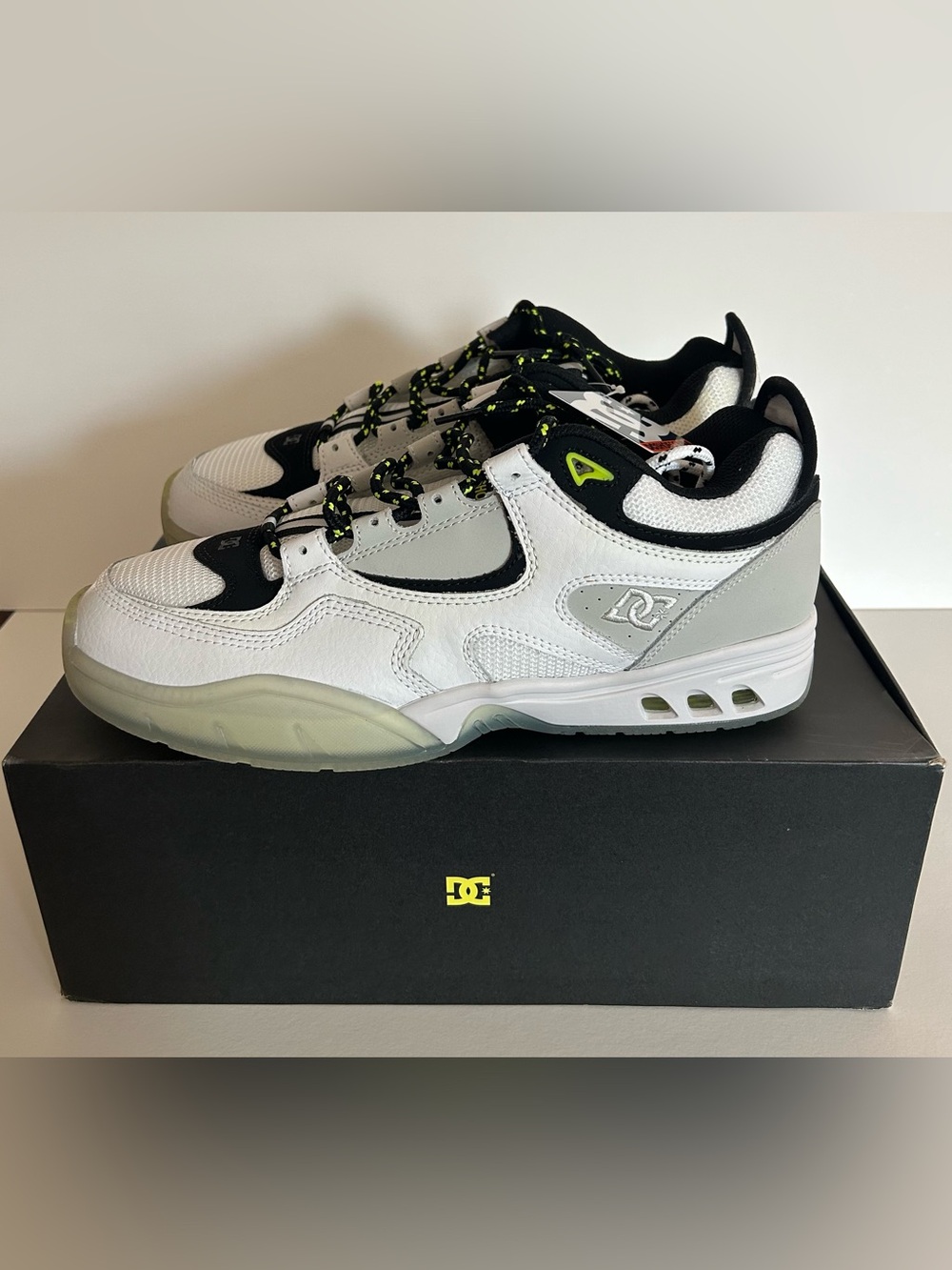 DC White, Black & Neon Green Low-Top Skate Sneakers